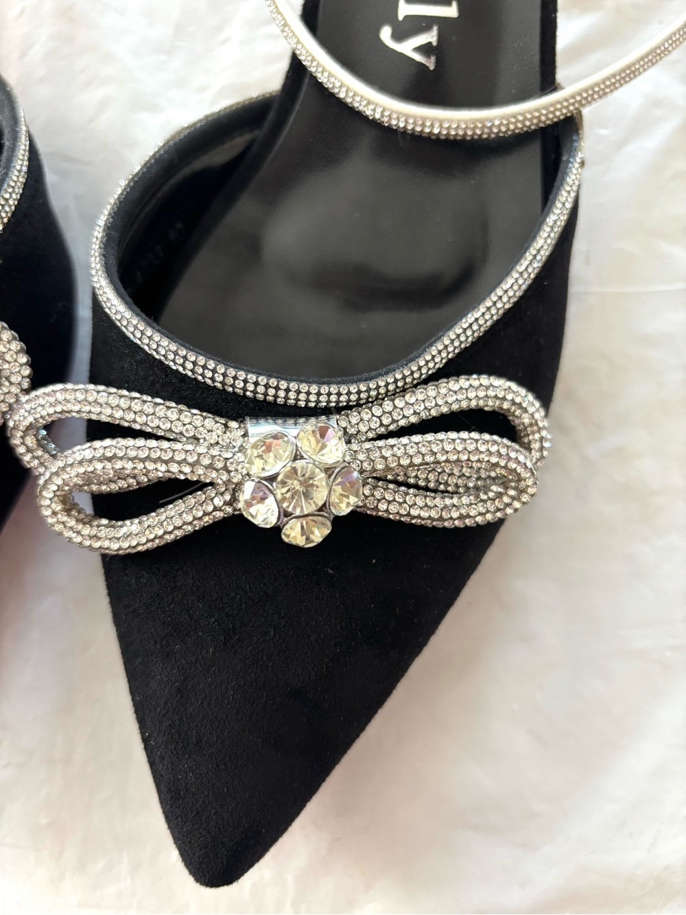 NWOT Noble Only Black Silver Rhinestone Bow Lace Up kitten Heel Sandals SZ 10 - Picture 13 of 15